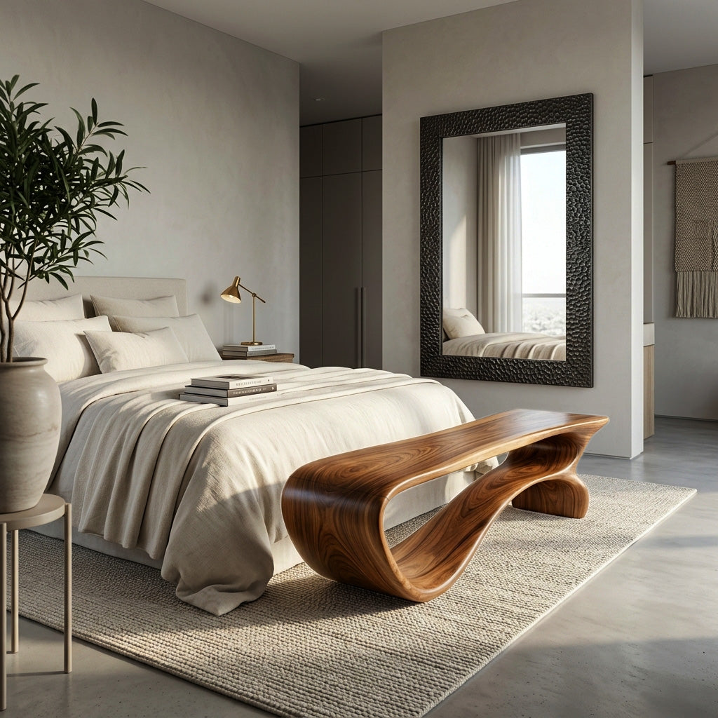 Minimalist Curved Natural Wood Bench For Living Room Decor