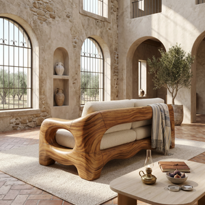 Contemporary Curved Wood Sofa Urban Apartment Interior