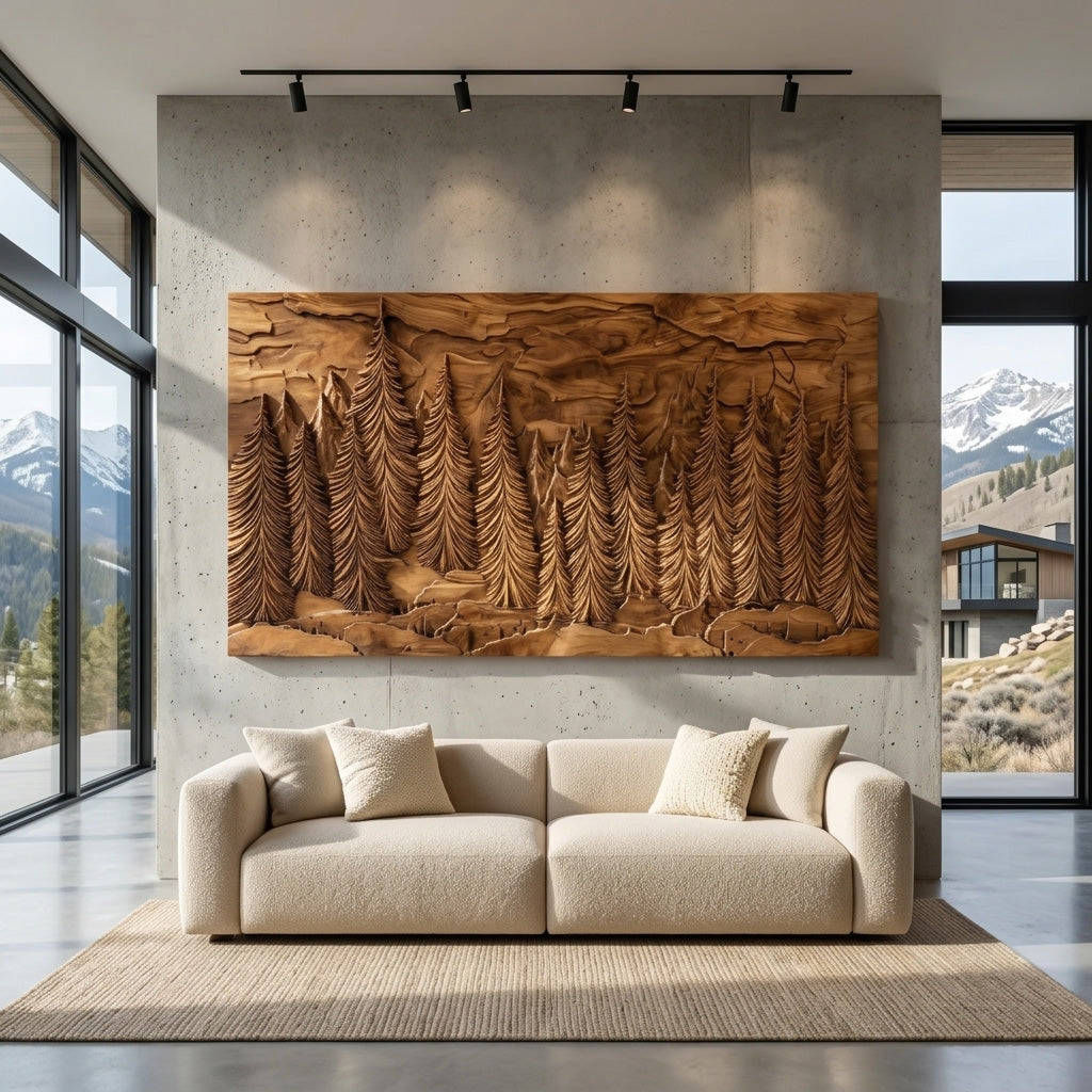 Hand Carved Wall Art With Forest Landscape For Living Room
