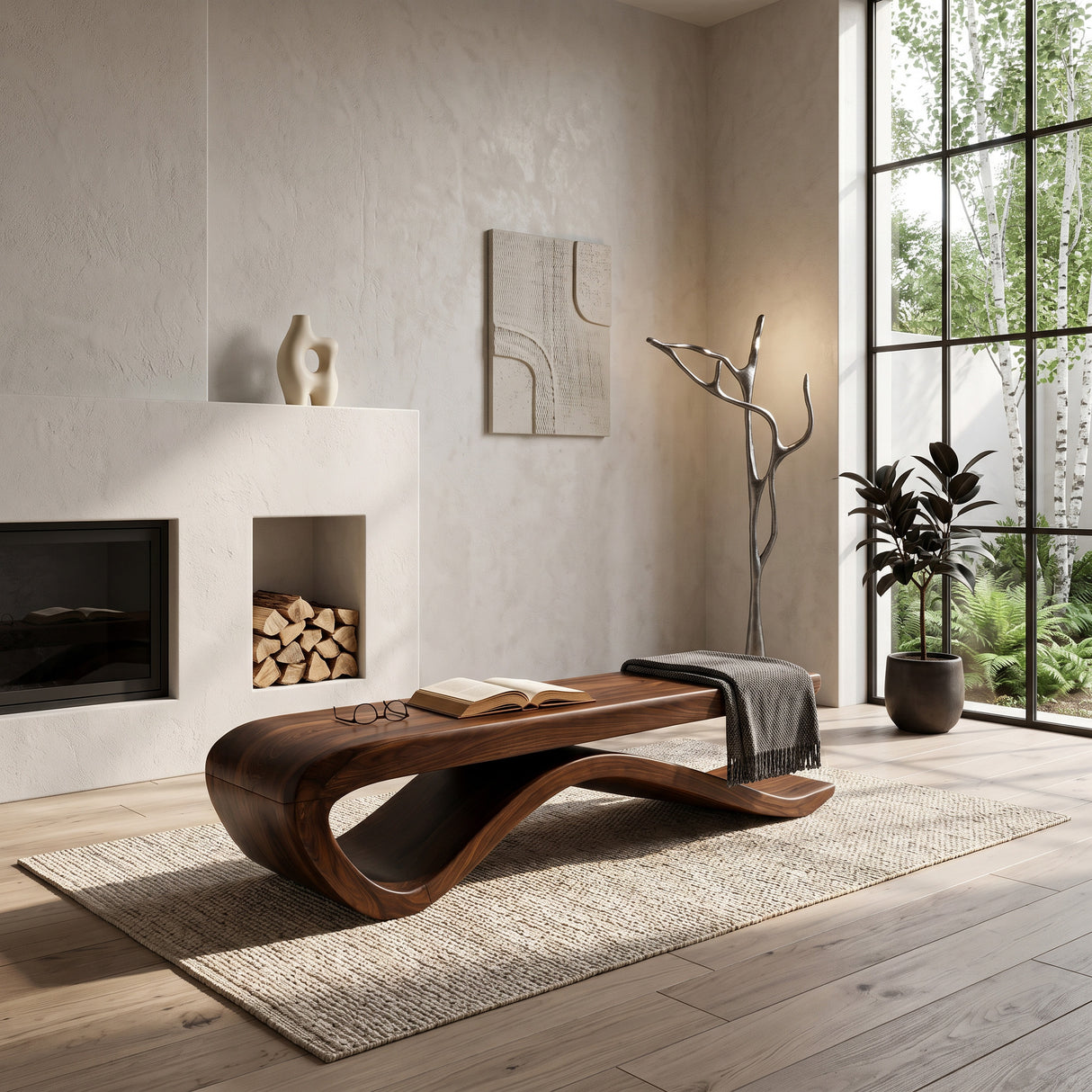 Luxury Curved Wooden Bench For Living Room
