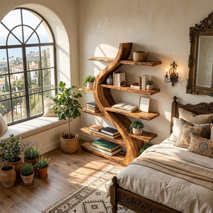 Organic Wooden Bookshelf Soft Curved Design For Home Decor