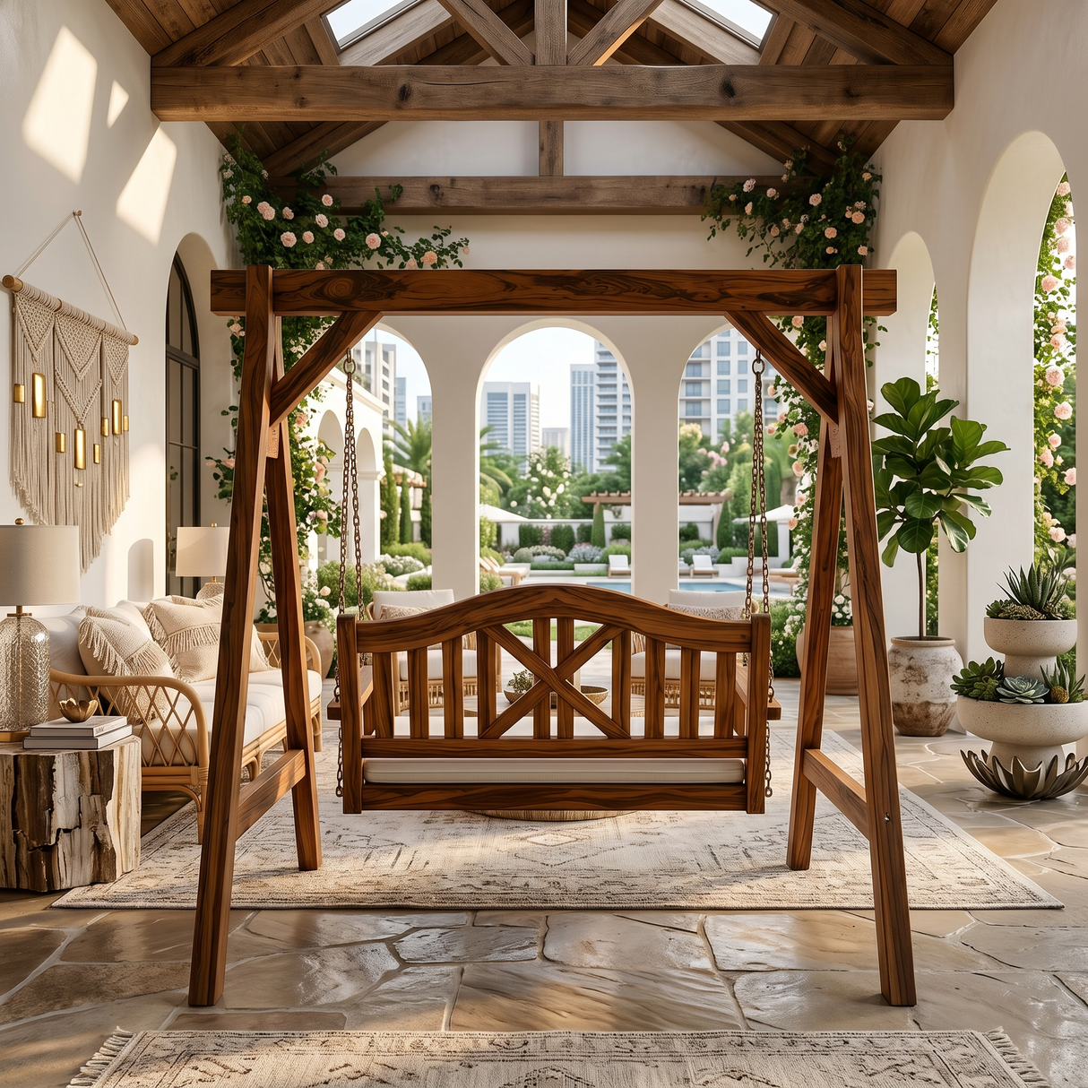 Mediterranean Wooden Swing Bench Villa Patio