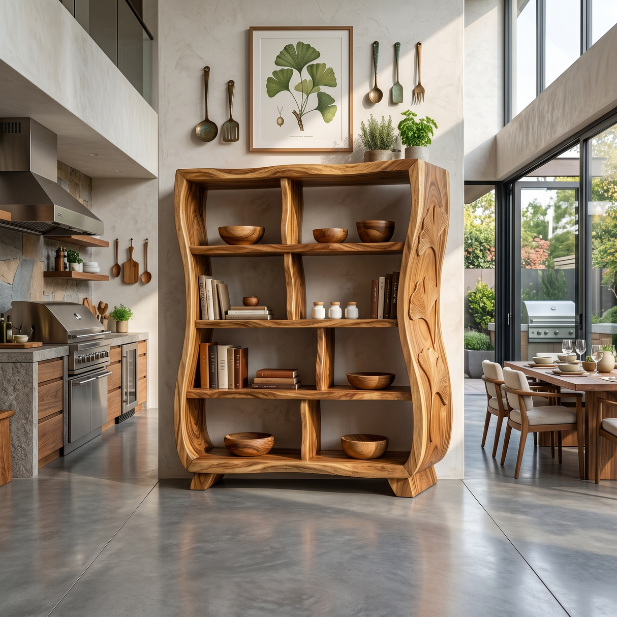 Handcrafted Wooden Bookshelf With Ginkgo Leaf Accents