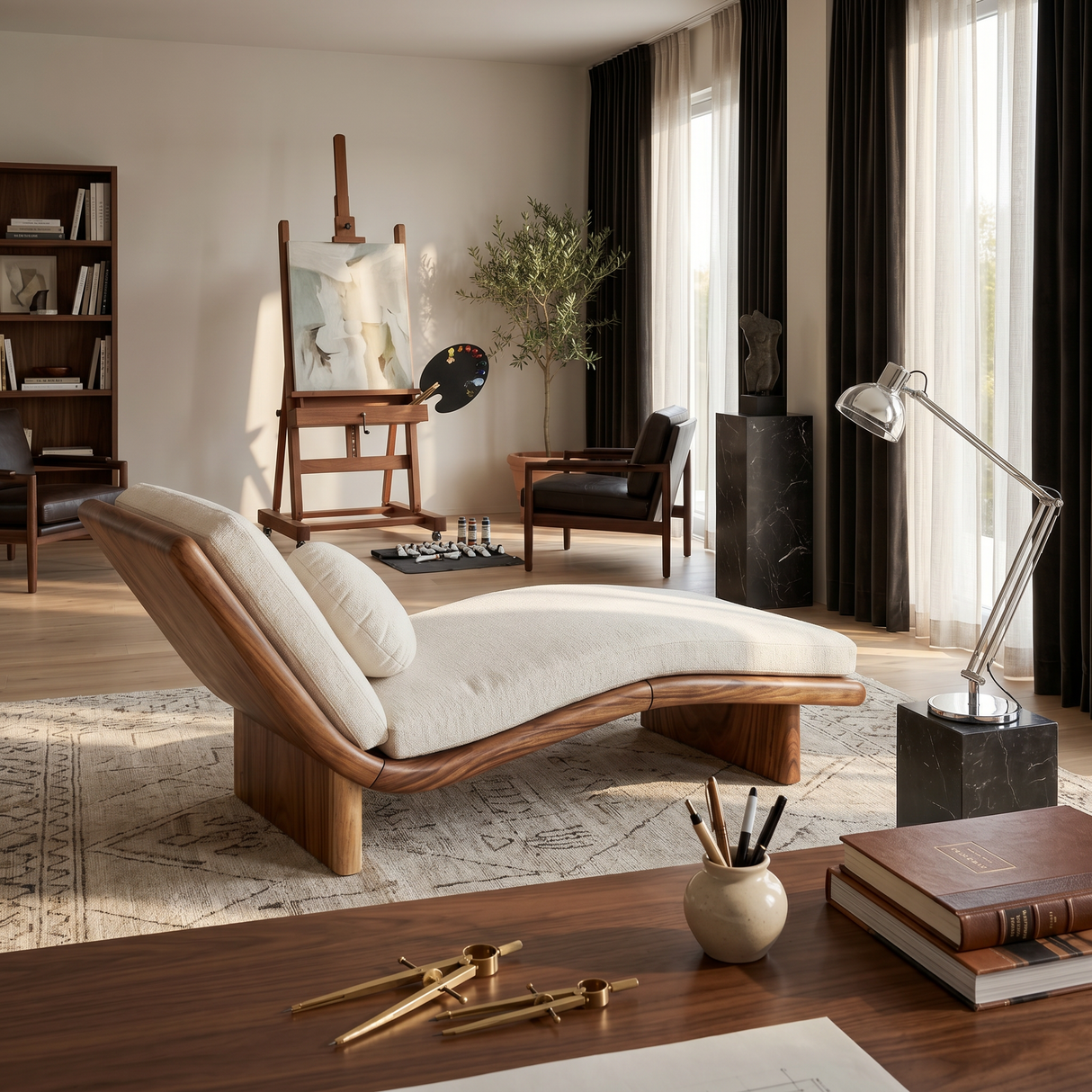 Minimalist Walnut Chaise Lounge Serene Coastal Retreat Living Space