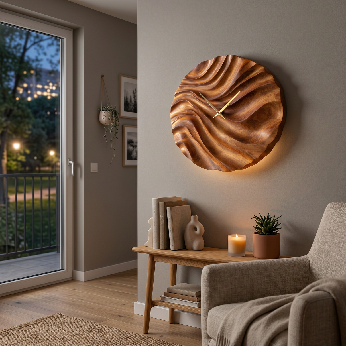 Organic Wood Wall Clock With Flowing Wave For Bedroom Interior