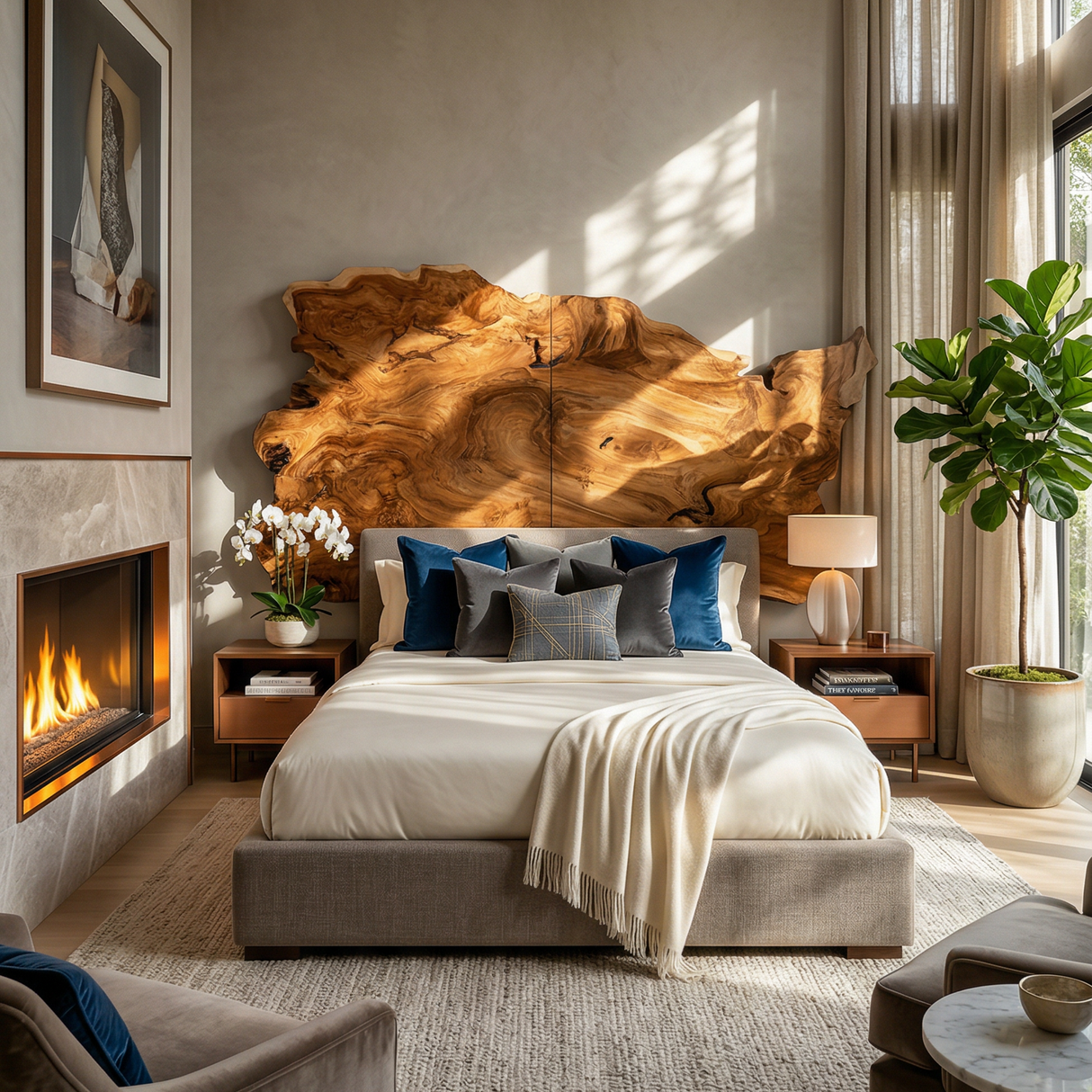 Organic Natural Wood Headboard For Minimalist Japandi Bedroom Design