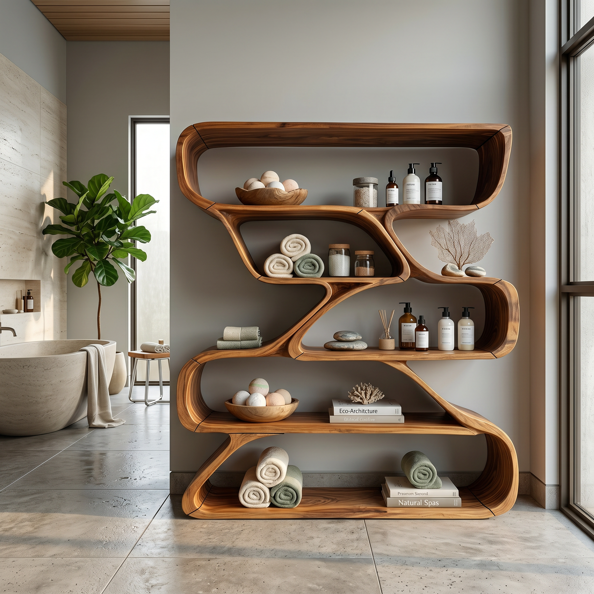 Minimalist Organic Wooden Shelf With Rounded Open Compartments