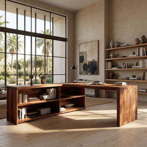 Modern Curved Natural Wood L Desk For Minimalist Office