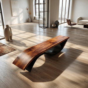 Handcrafted Wooden Bench With Unique Undulating Form For Living Room
