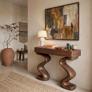 Contemporary Wood Console Table With Undulating Double Base For Home