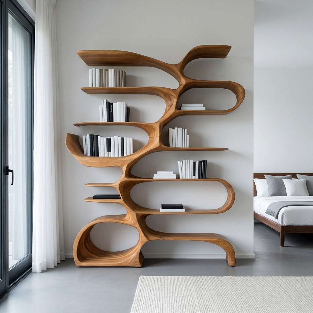 Sculptural Wooden Bookcase For Modern Living Room Storage