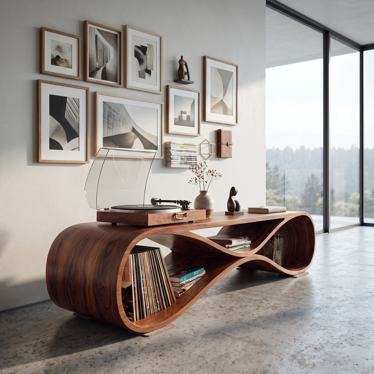 Contemporary Wooden Record Cabinet Curved Design For Living Room