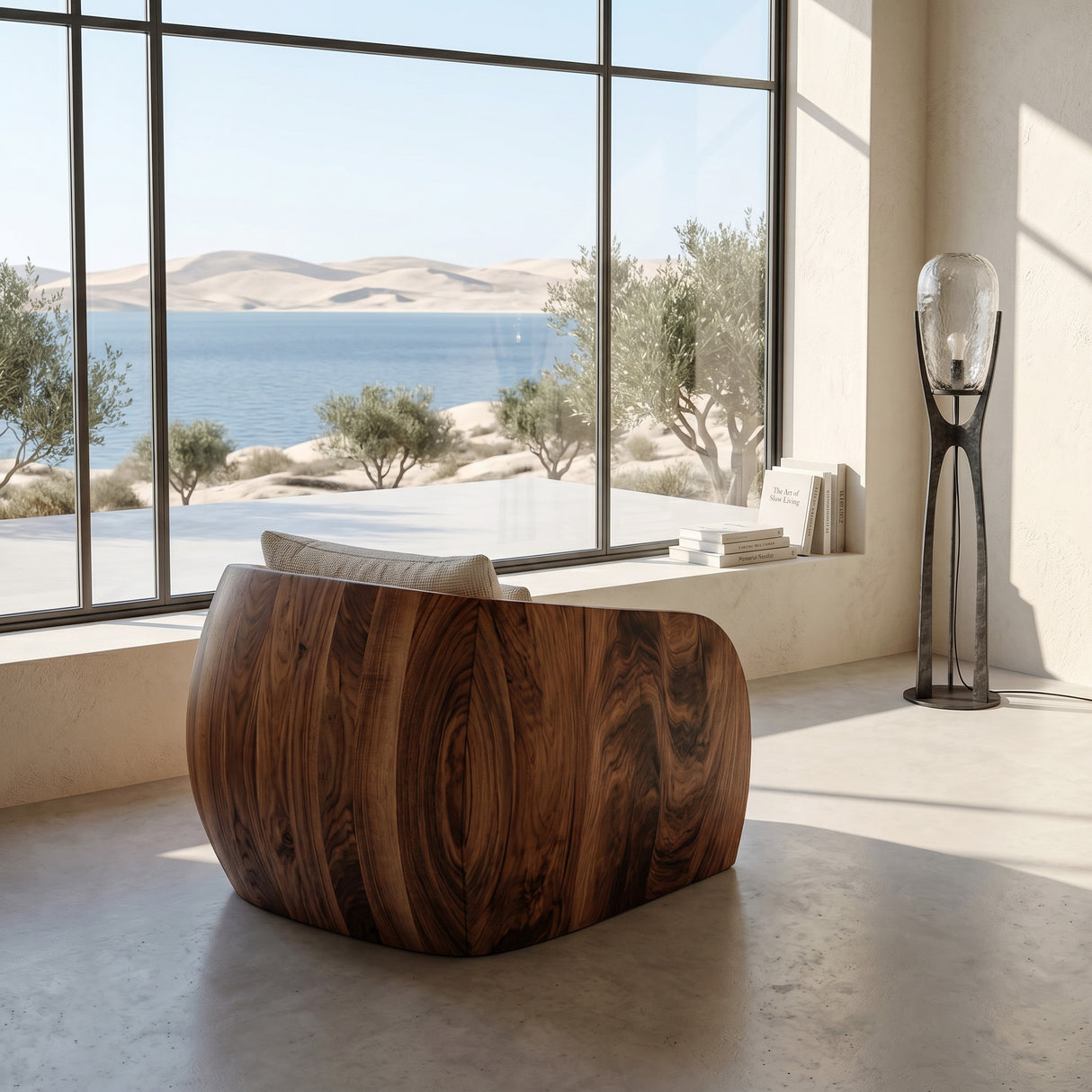 Organic Wooden Armchair With Rounded Frame For Luxury Living Room