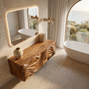 Modern Bathroom Vanity With Ocean Wave Carved Wood Cabinet For Home