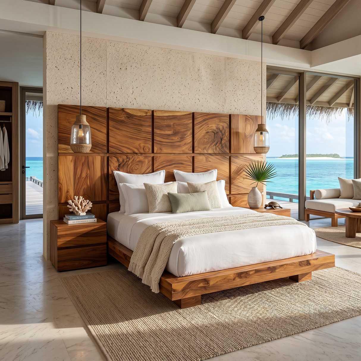 Minimal Grid Wood Headboard For Dark Contemporary Bedroom
