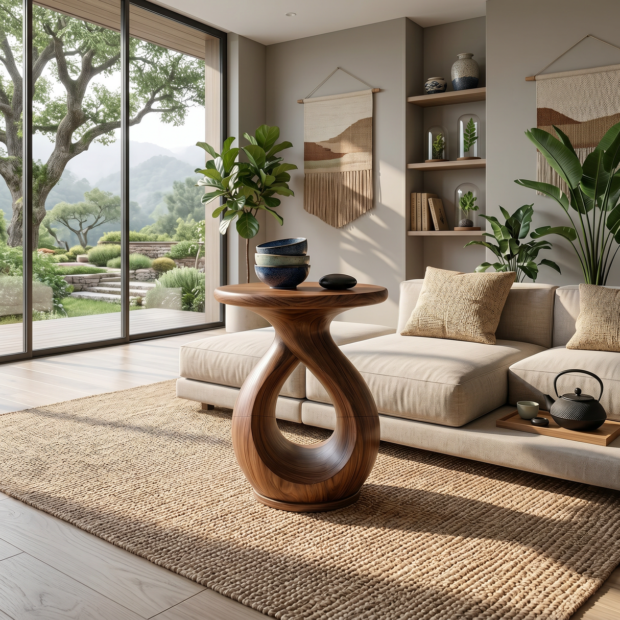 Japandi Twisted Side Table Contemporary Reading Nook