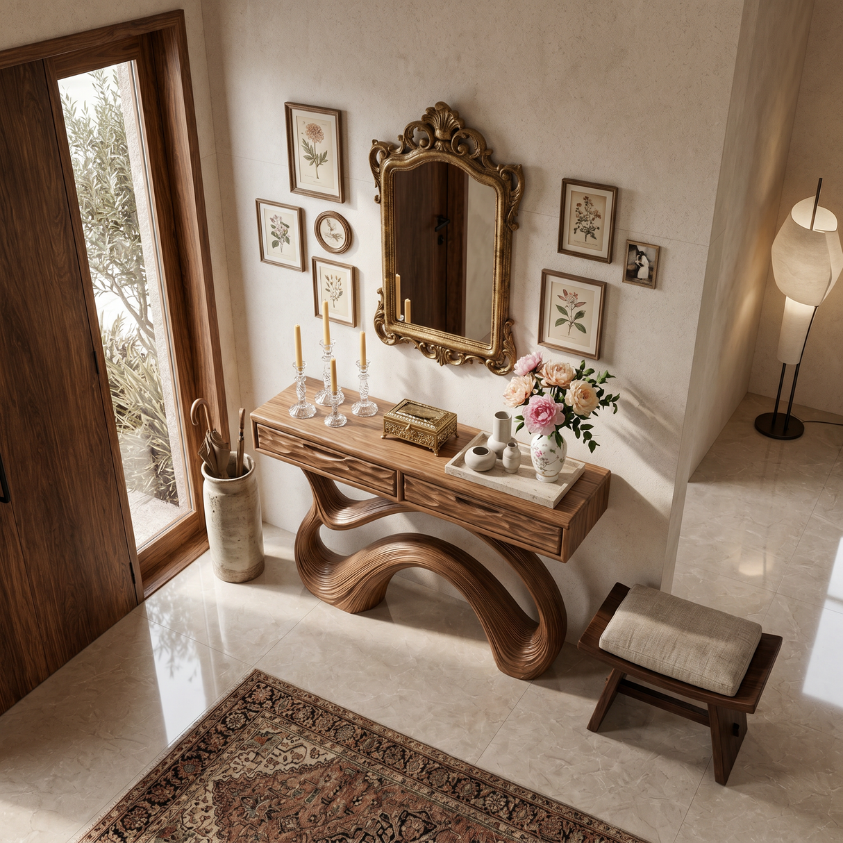 Wooden Console Table With Carved Curved Base For Contemporary Entryway