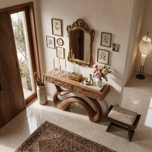 Wooden Console Table With Carved Curved Base For Contemporary Entryway
