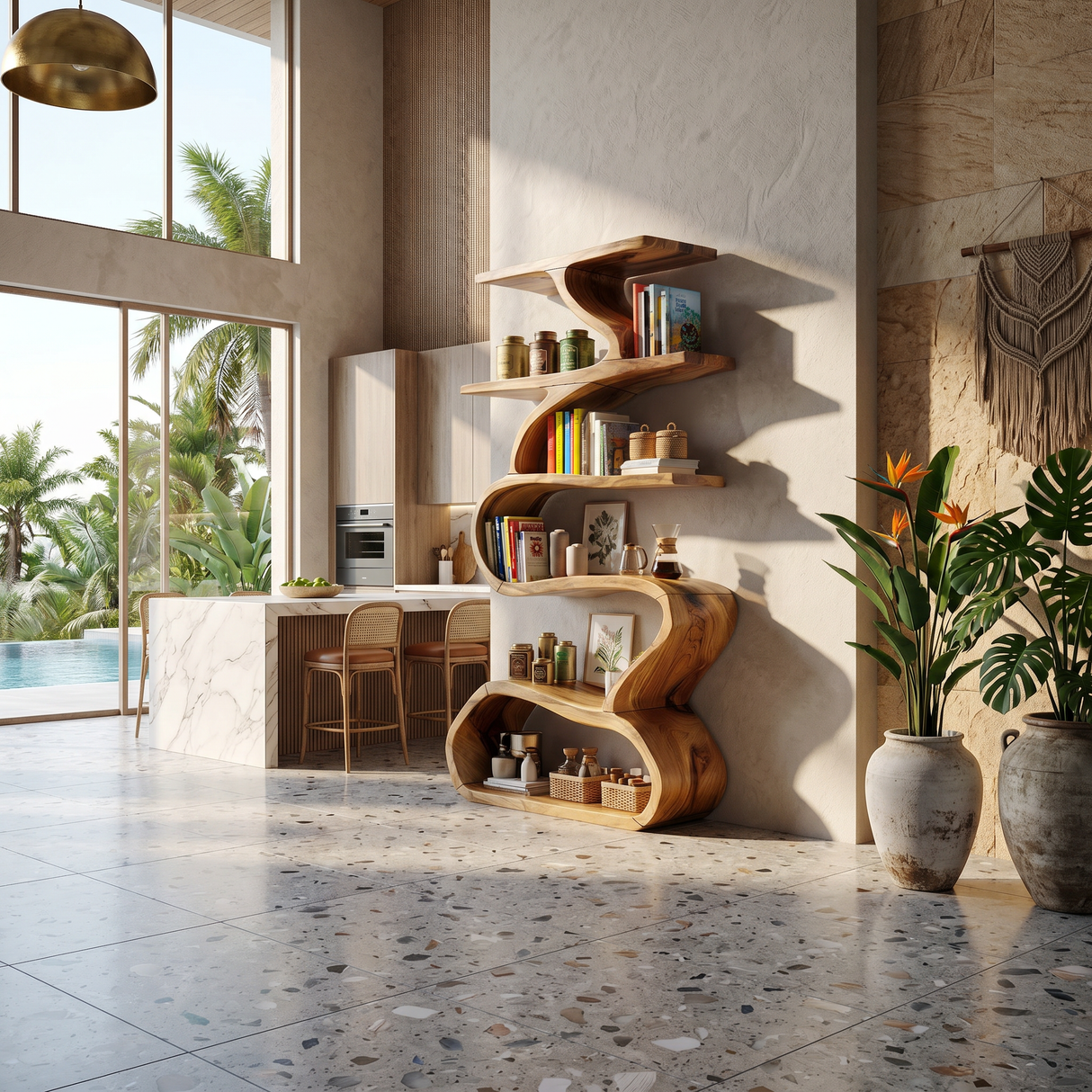 Organic Wooden Wall Bookshelf With Flowing Curves