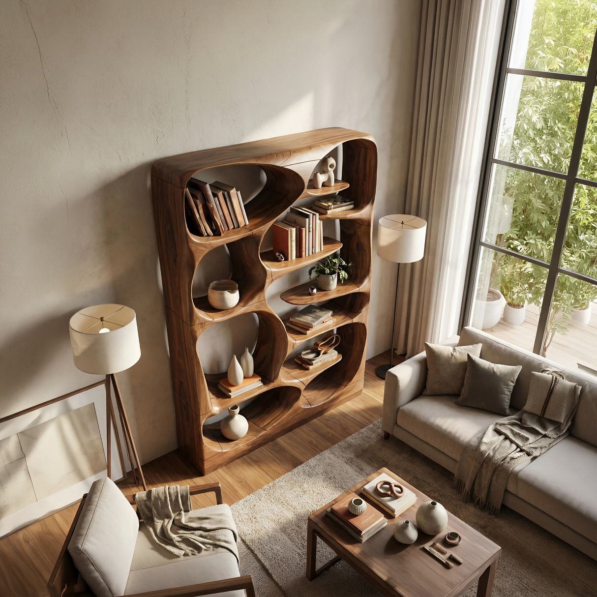 Modern Sculptural Bookshelf Storage Organizer For Living Room