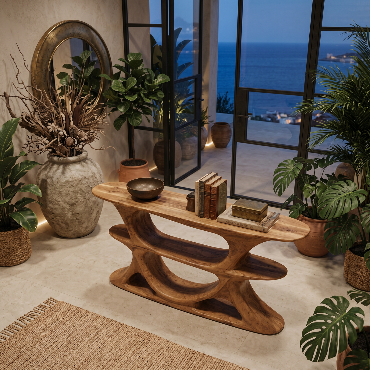 Organic Console Table With Multi Level Cutout Shelves For Living