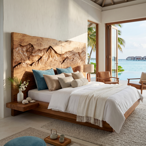 Rustic Mountain Relief Wood Headboard For Luxury Bedroom Interior