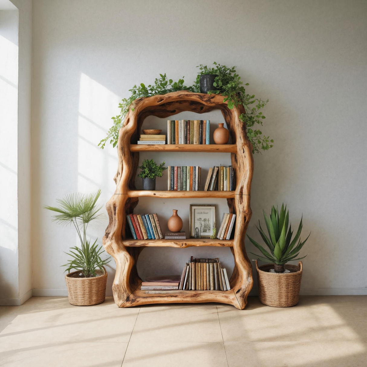 Rustic Sculptural Wooden Bookshelf With Carved Frame For Living Room Or Library