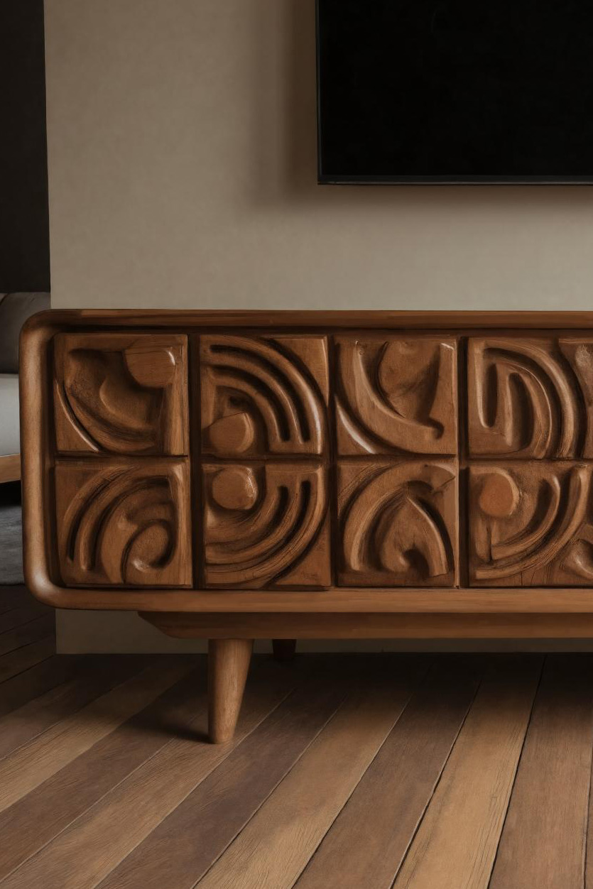 Hand Carved TV Console With Geometric Doors For Living Room