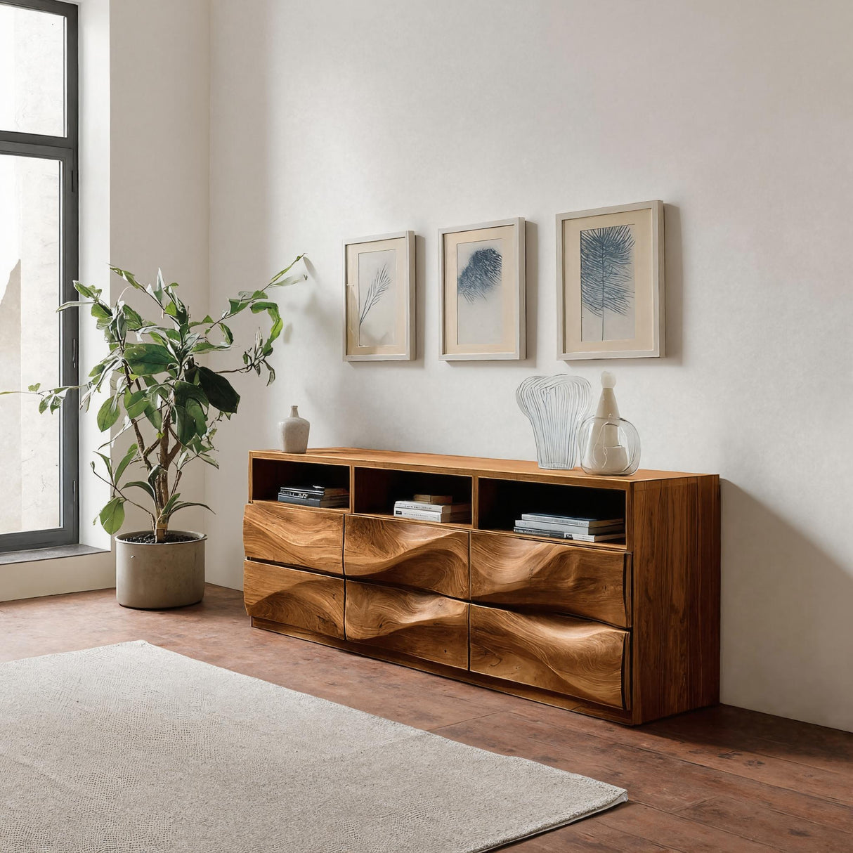 Contemporary Wooden Sideboard With Open Display Shelf For Interior