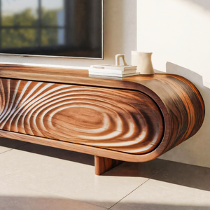 Modern Sculptural Wood TV Stand With Carved Door For Living Room