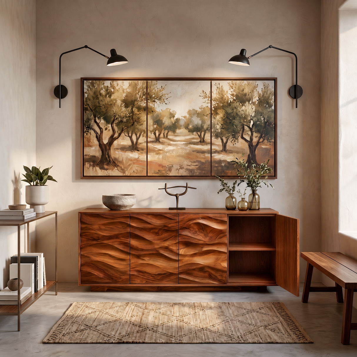 Minimalist Wooden Wave Carved Sideboard For Home