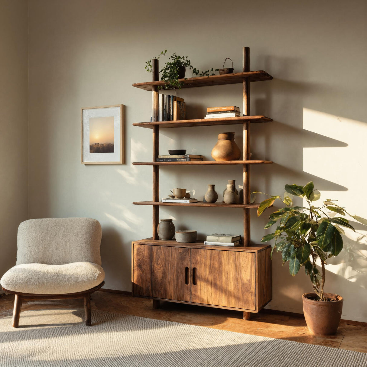 Mid Century Wooden Bookcase With Closed Storage For Living