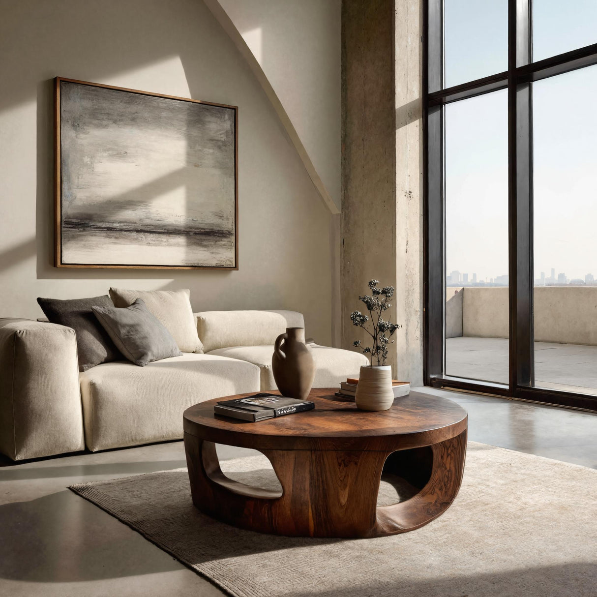 Contemporary Round Coffee Table With Open Cut Base For Living