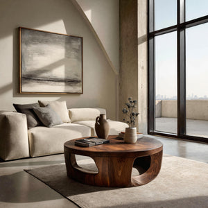 Contemporary Round Coffee Table With Open Cut Base For Living