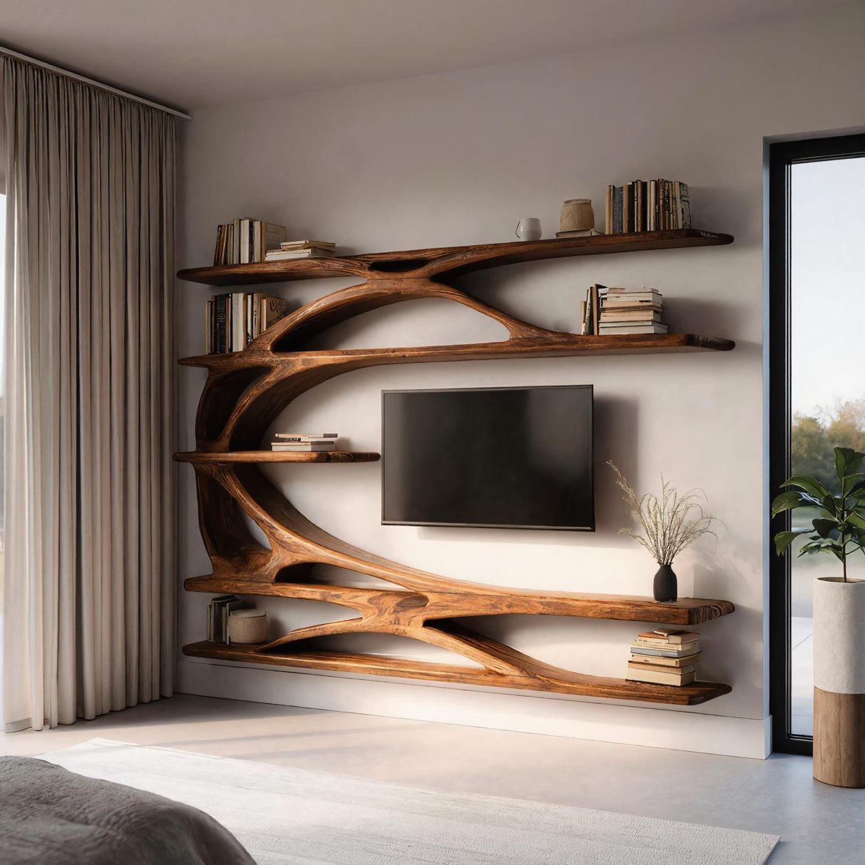 Modern Wall Mounted TV Stand With Bookshelf For Living Room