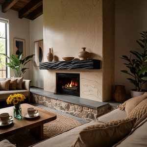 Rustic Wooden Floating Fireplace Shelf For Living Room Interior