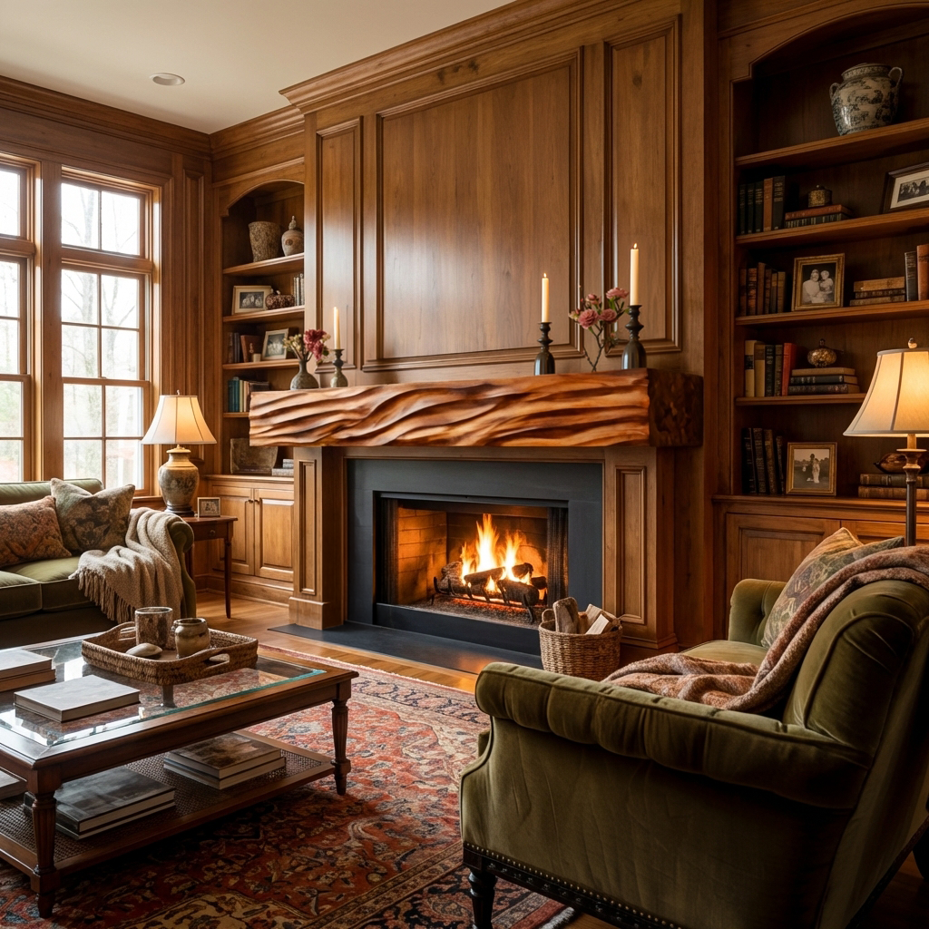 Rustic Wooden Floating Fireplace Shelf For Living Room Interior