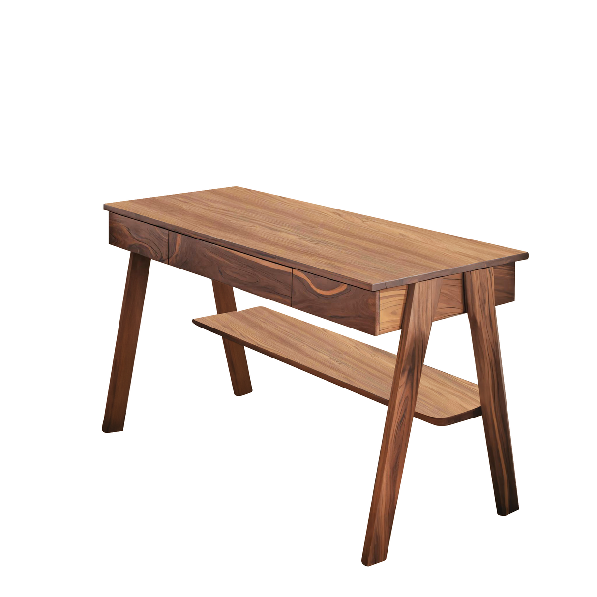 Mid Century Wooden Writing Desk With Drawers And Shelf For Home Office