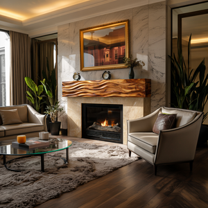 Rustic Wooden Fireplace Shelf With Wave Carved For Living Room