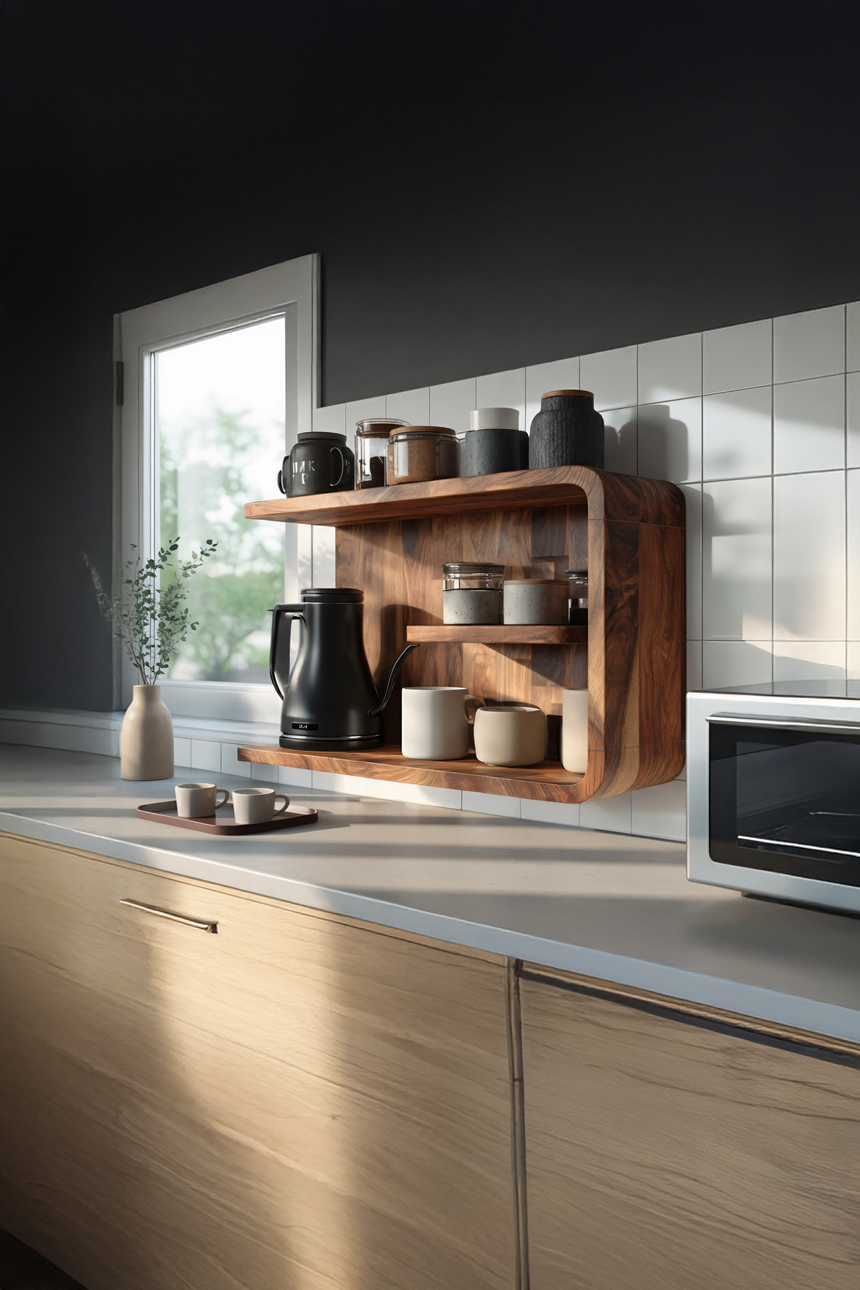 Minimalist Wooden Shelf With Hooks For Pantry Organization