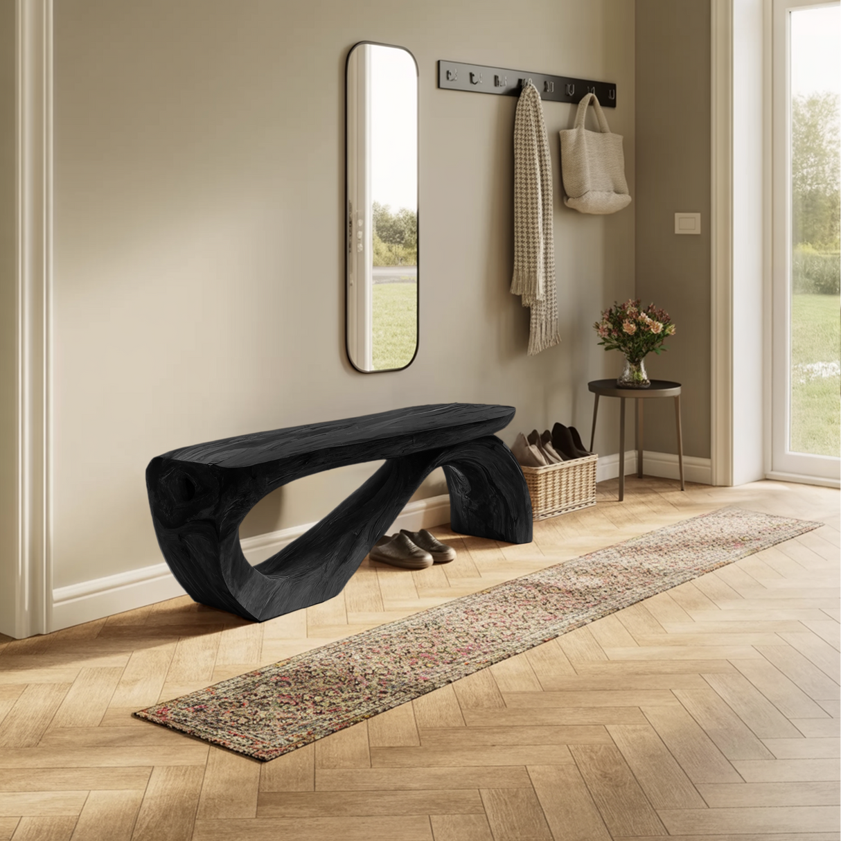 Minimal Organic Bench With Smooth Curved Form For Entryway