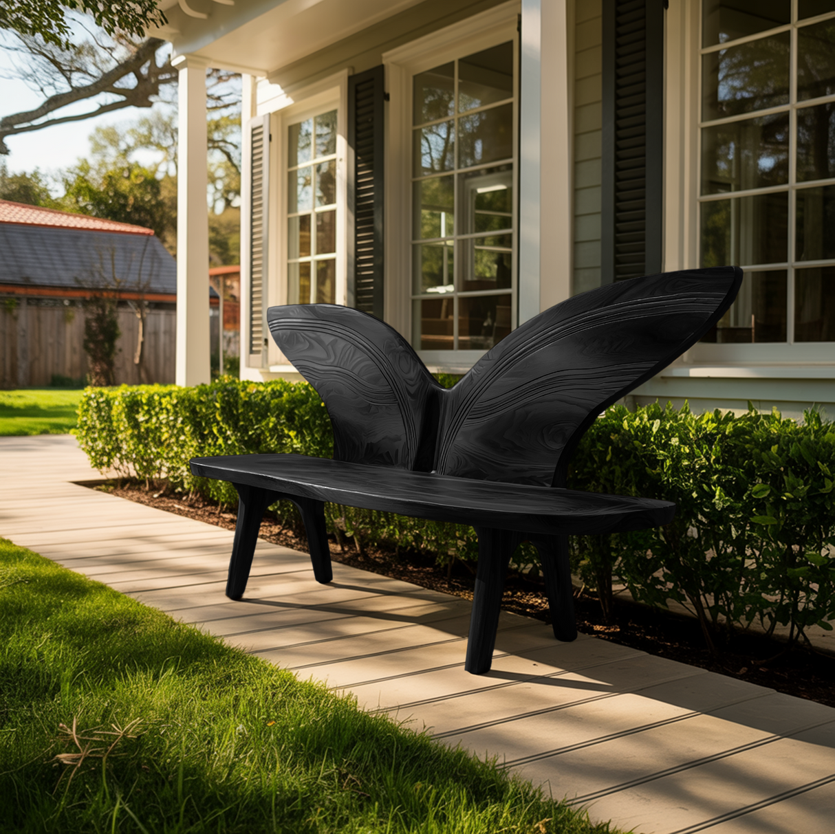 Organic Outdoor Wood Bench With Butterfly Wing Backrest For Garden