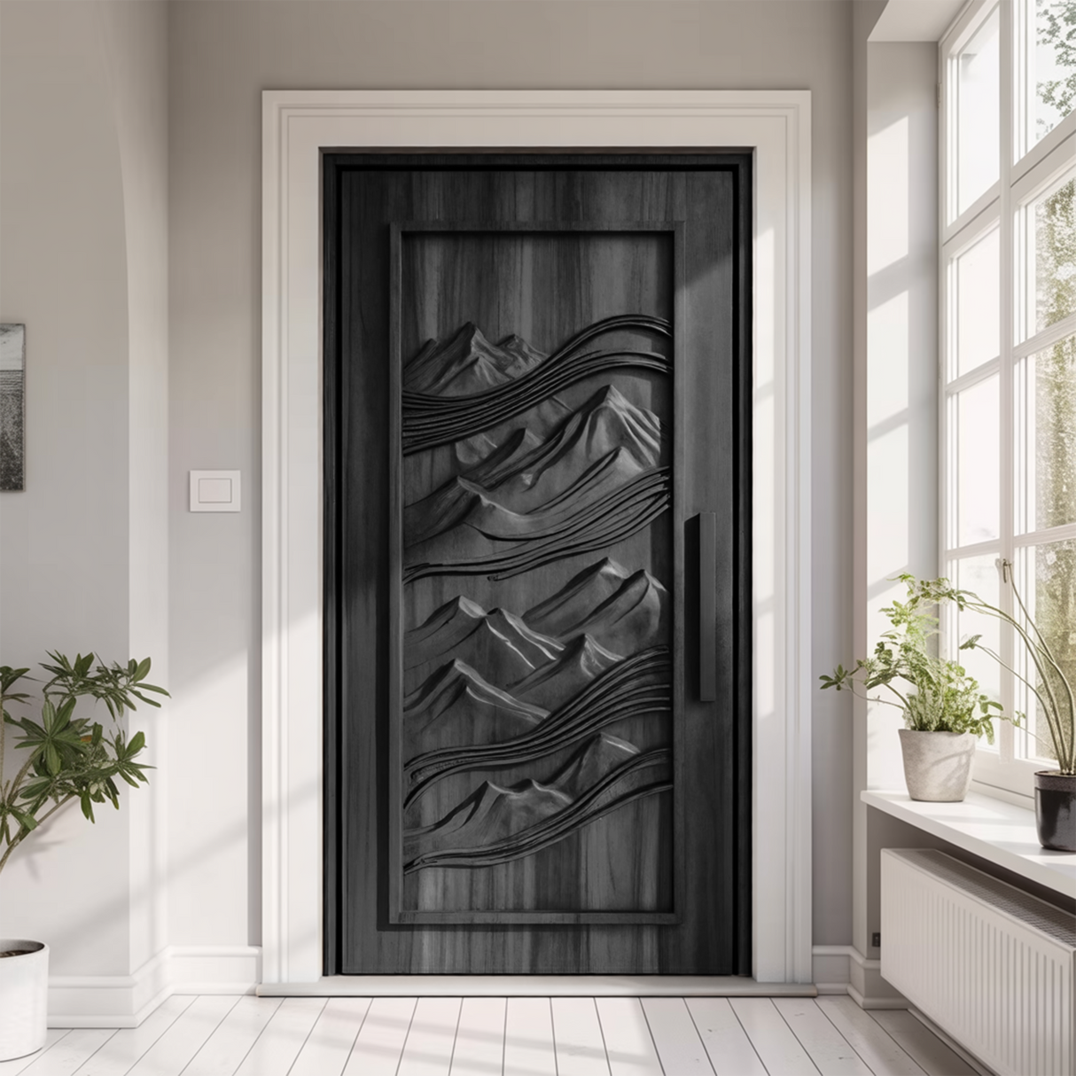 Rustic Carved Front Door With Mountain Design For Cabin Or Lodge