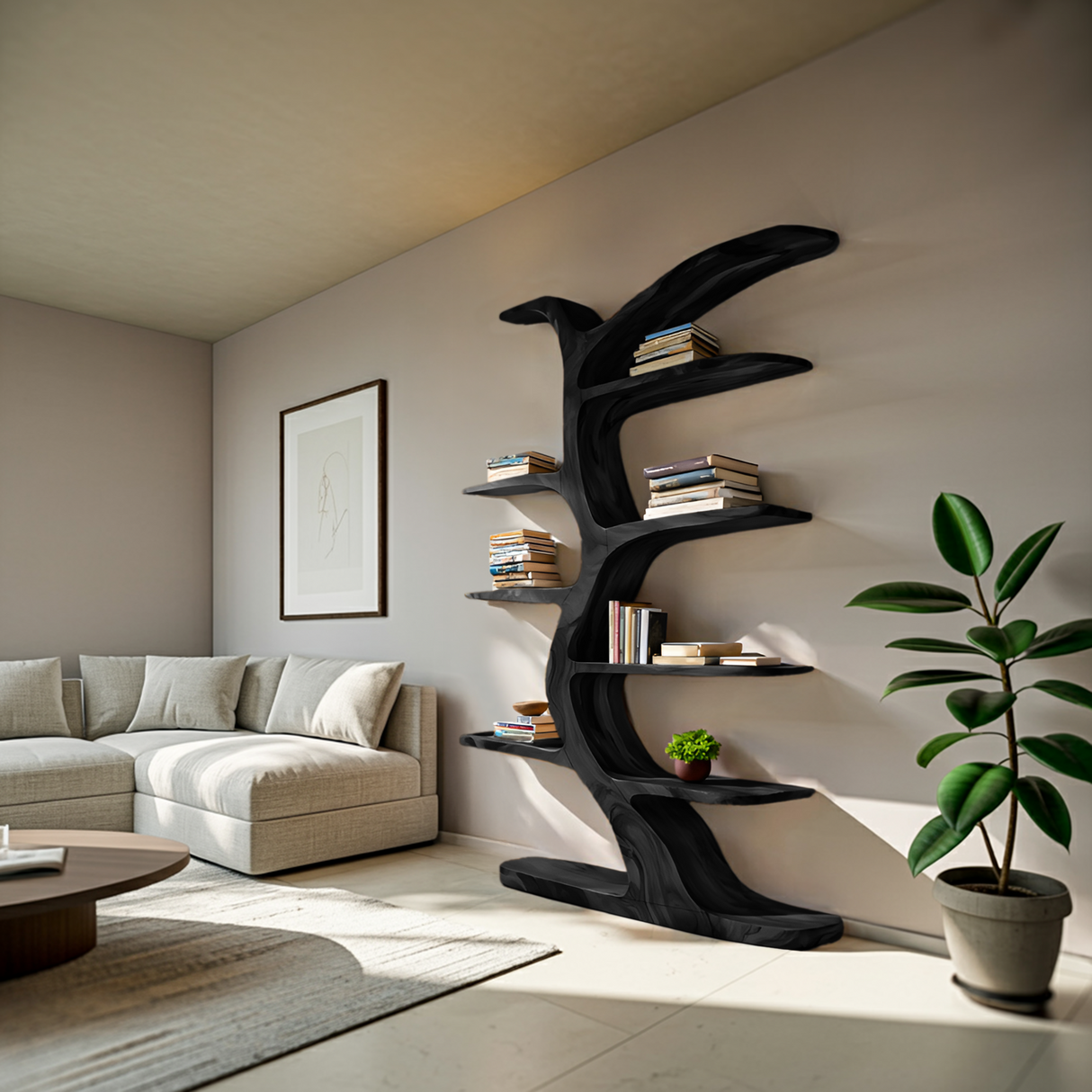 Modern Bookshelf Tree Inspired Curved Design For Living Room