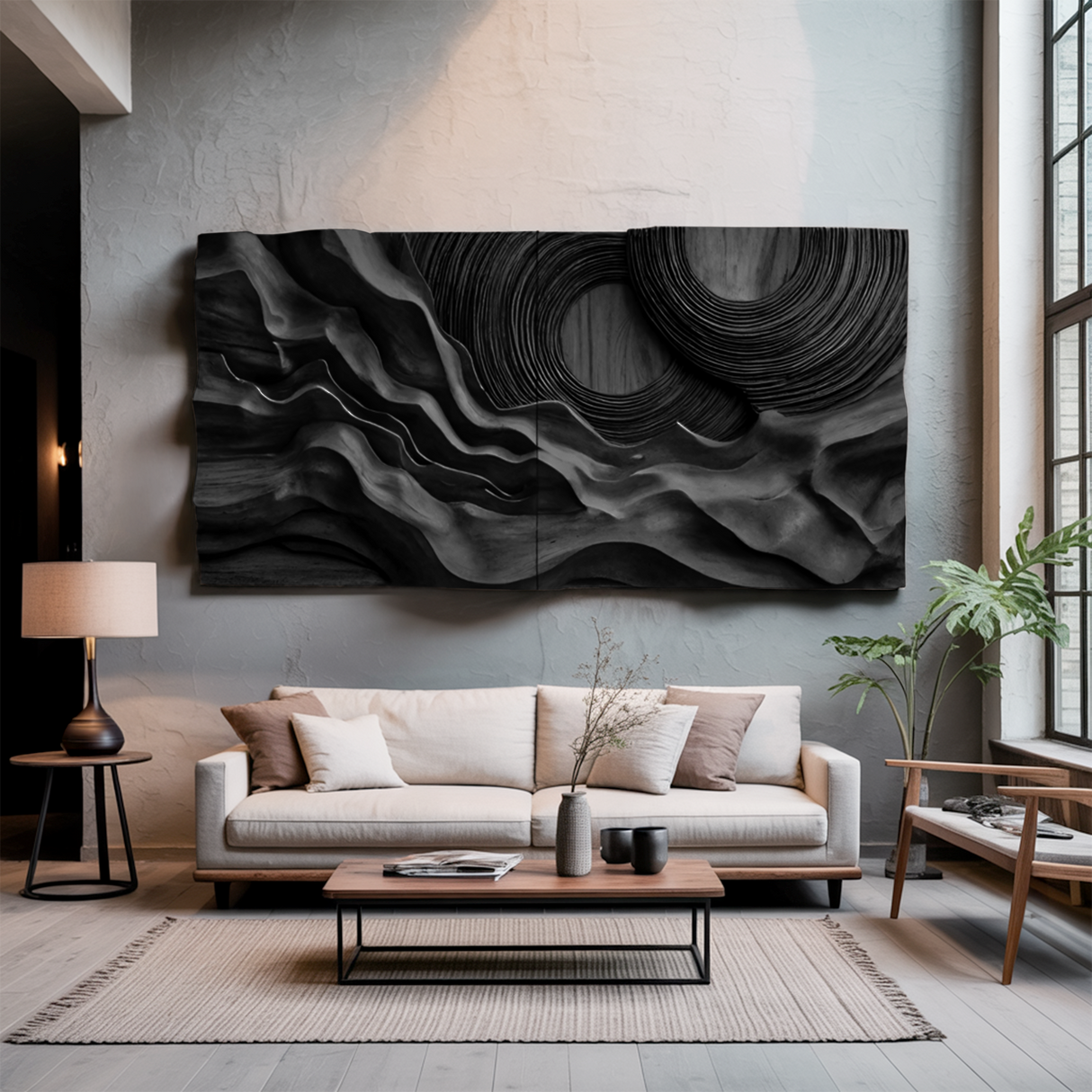 Layered Wave Wall Sculpture With Abstract Circles For Living Room
