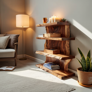 Modern Wooden Live Edge Standing Shelf For Entryway Storage Decor