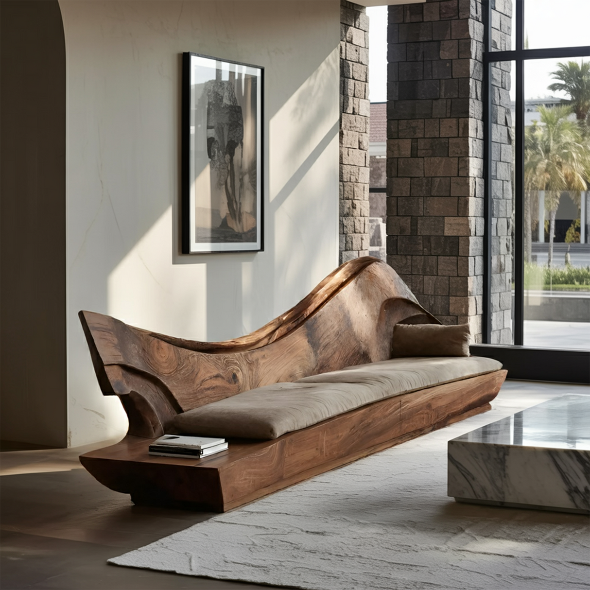 Sculptural Natural Wood Sofa With Organic Curved For Living Room