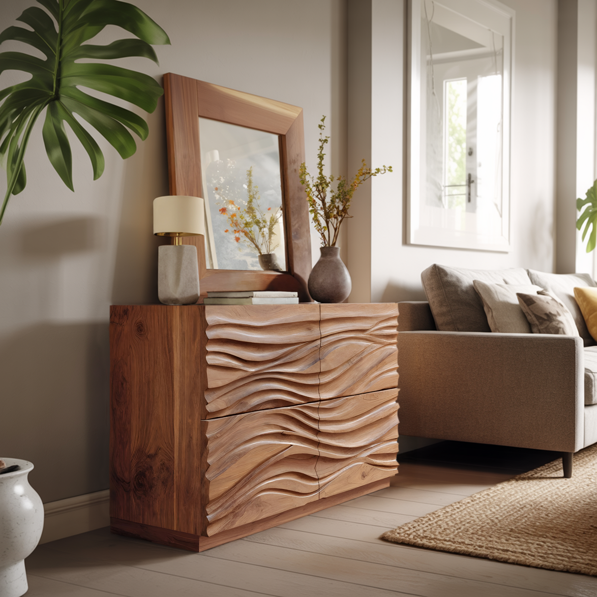 Handcrafted Sideboard Carved Wave Design For Living Decor