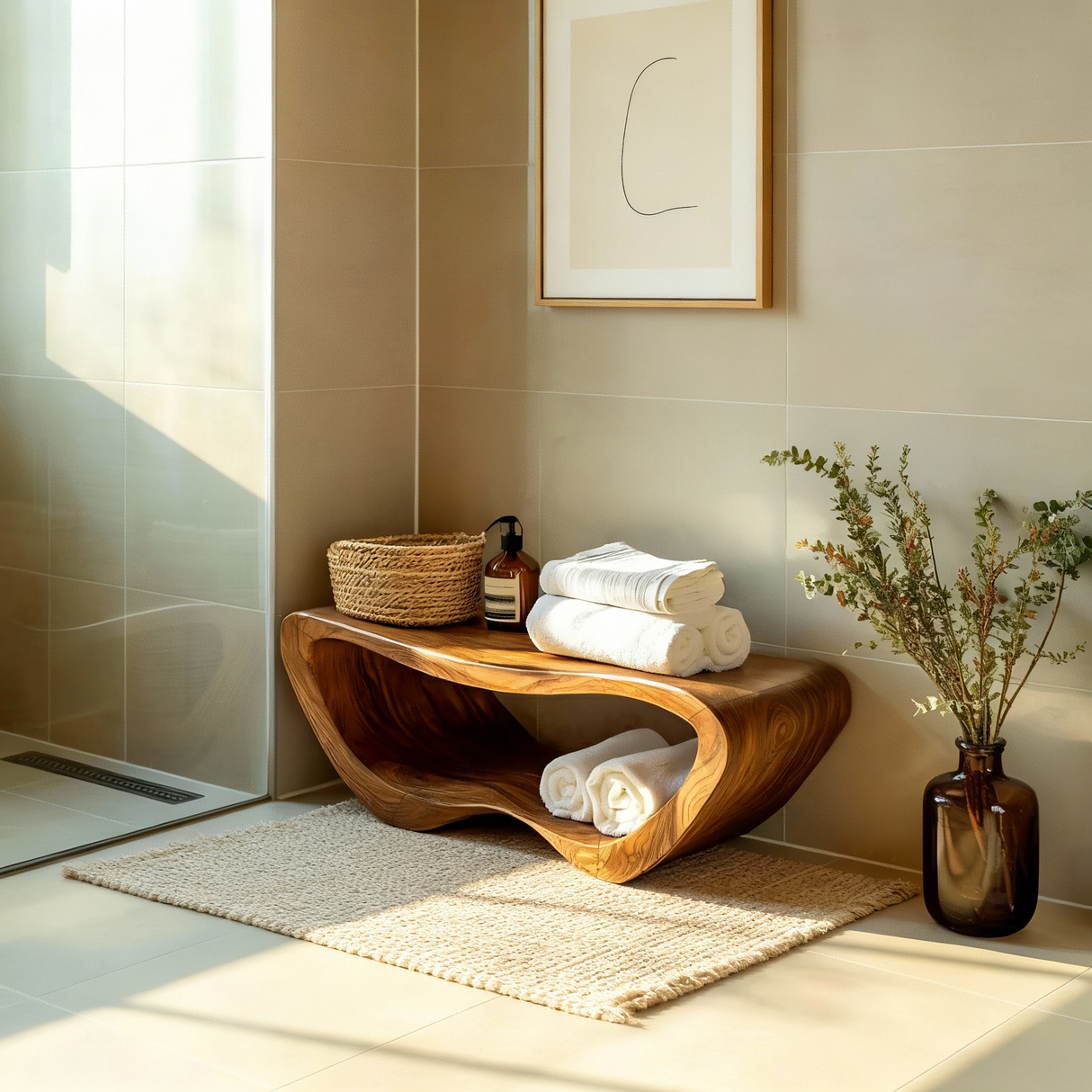 Minimalist Organic Shower Bench For Bathroom Or Spa
