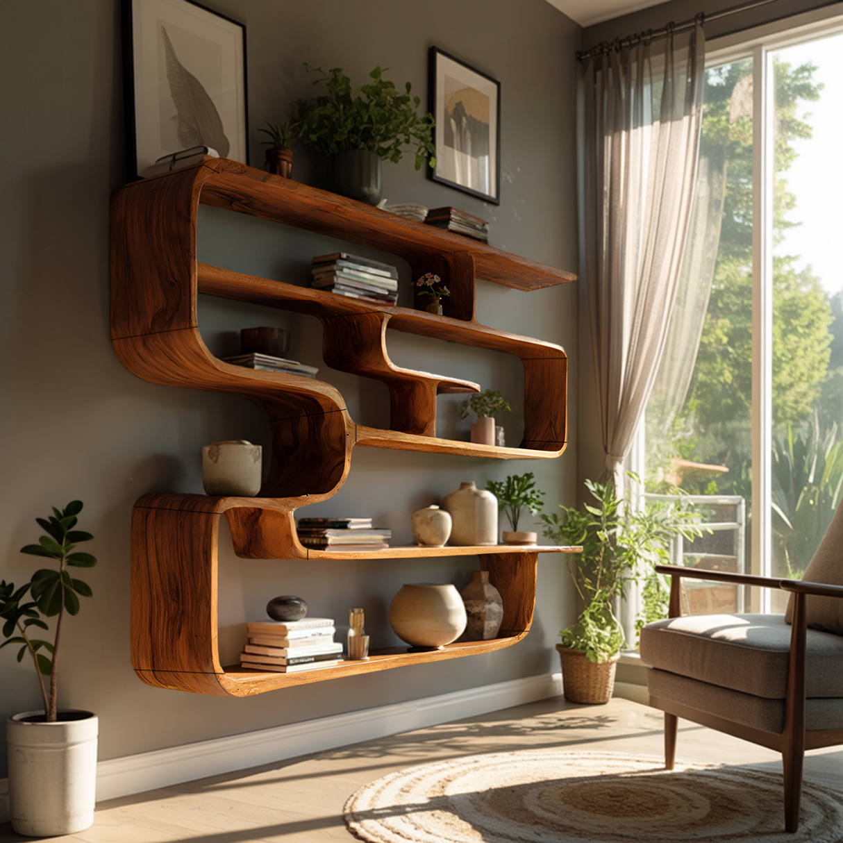 Rustic Live Edge Shelving Unit For Living Room Storage Display